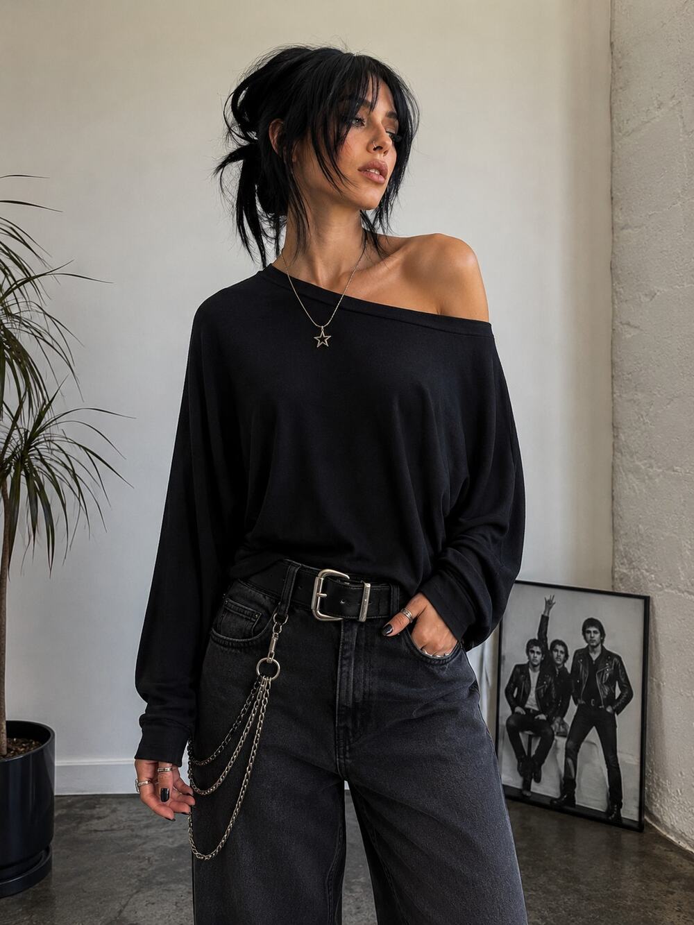 Poetsky Black Off Shoulder Dolman Top XL Long Sleeve Stretch Knit